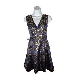 Vince Camuto Women's V-Neck Fit Flare Metallic Gold Navy Jacquard Dress Size 4